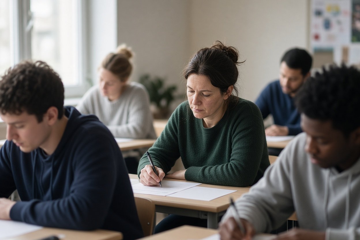 Personer besvarar en enkät på jobbet